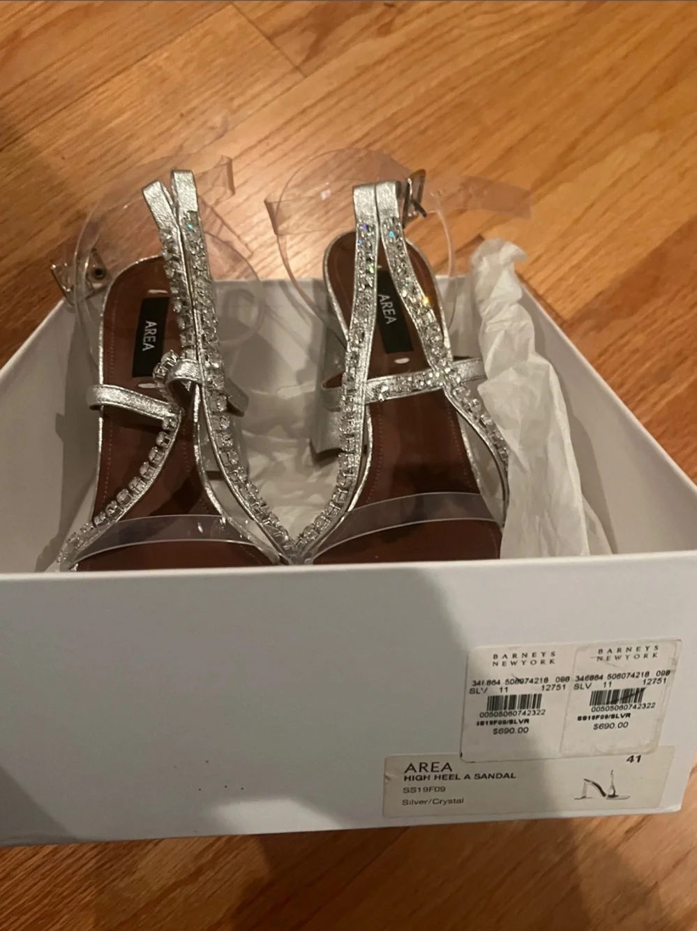 AREA Silver Rhinestone Block Heel Sandals with Clear Straps